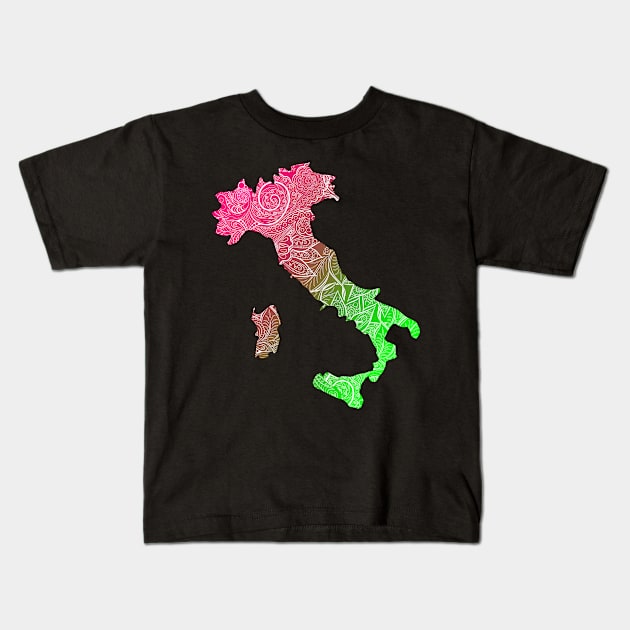 Colorful mandala art map of Italy with text in pink and green Kids T-Shirt by Happy Citizen